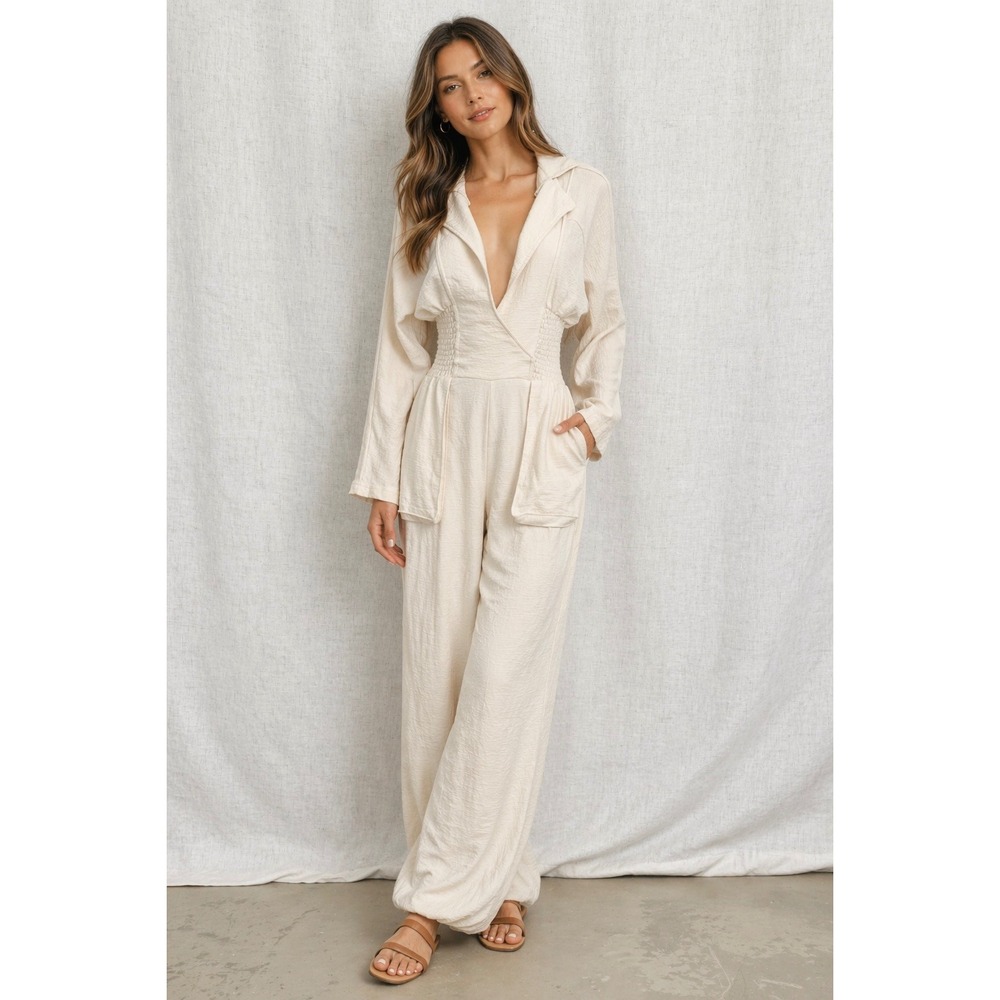 Free People Beach Blair Jumpsuit Small Cream Textured Smocked Waist Long Sleeve